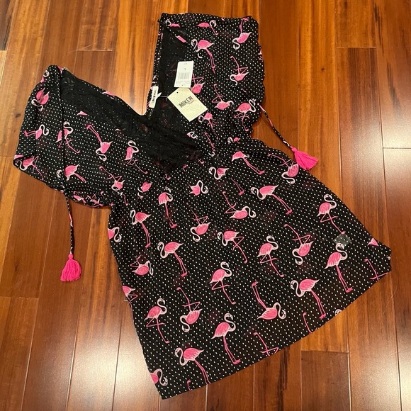Miken Dresses & Skirts - New NWT Miken Swim Coverup Dress Flamingo Print Black Pink Tropical Tassel Large